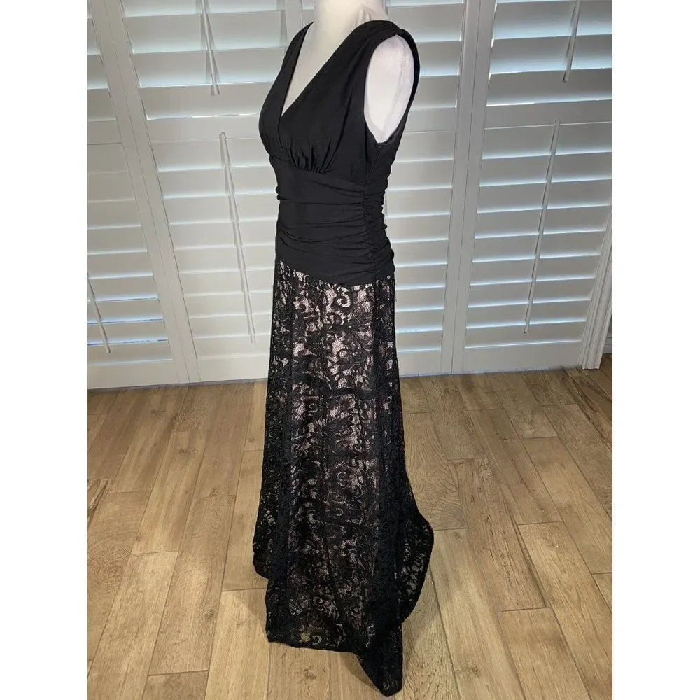 Y2K Black Evening Dress Retro Ruched Lace Skirt 6 Prom Formal SL Fashions Beauty